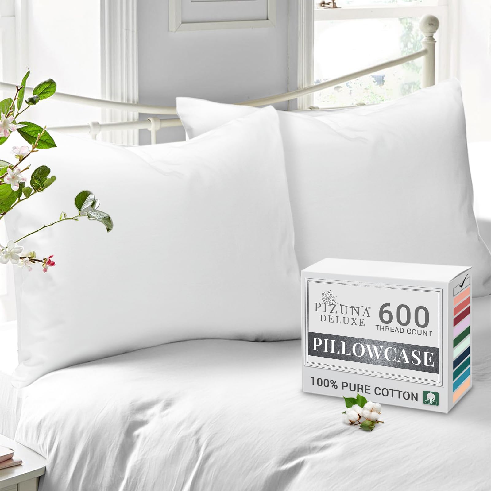 Pizuna Pure Combed Cotton Housewife Pillowcases 2 Pack White 48x74cm, 600 Thread Count 100% Long Staple Combed Cotton Pillow Cover, Soft Sateen Housewife Pillow Cases (100% Cotton Pillowcase)