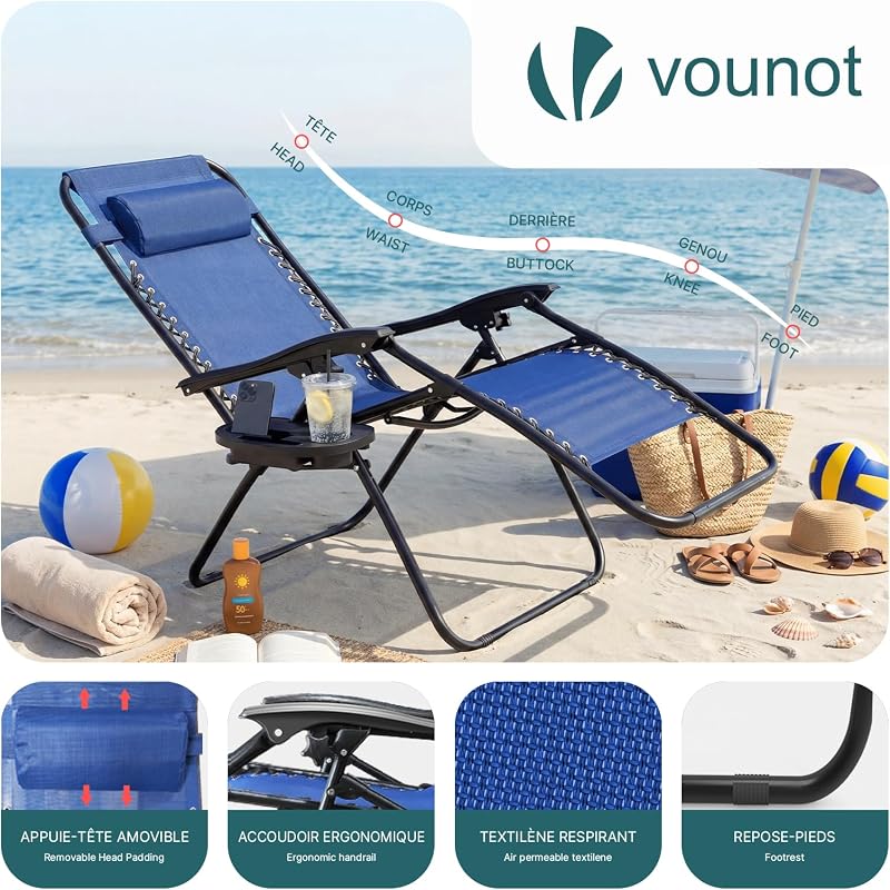 Set di 2 Sdraio da Giardino con Portabicchieri e Poggiatesta Regolabile, Sedia Pieghevole Zero Gravity da Esterno, Poltrona Relax, Carico Massimo 120kg, Blu