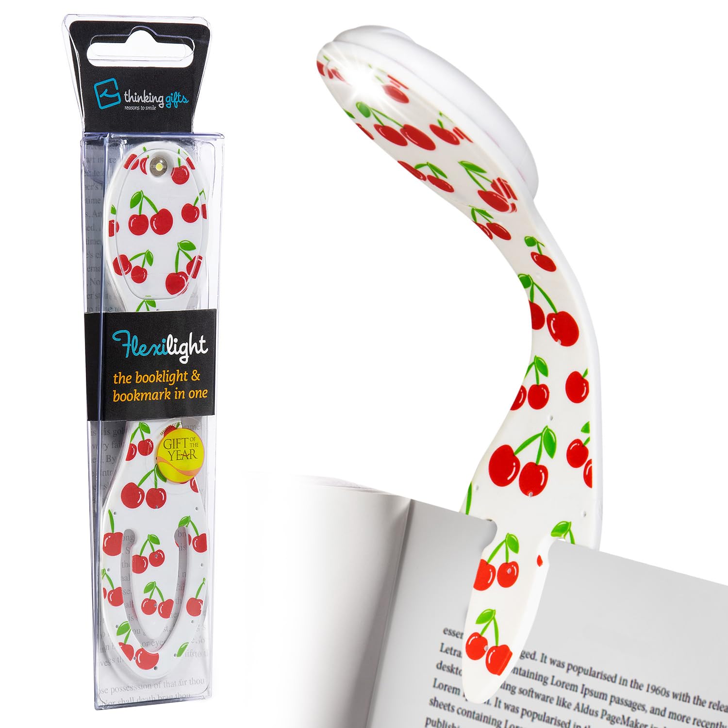 Gifts for Readers & Writers Book Light, Clip On Reading Light for Bed, 2in1 Flexilight & Bookmark, Small & Lightweight with a Soft Glow, 2 Batteries Included, Cherries