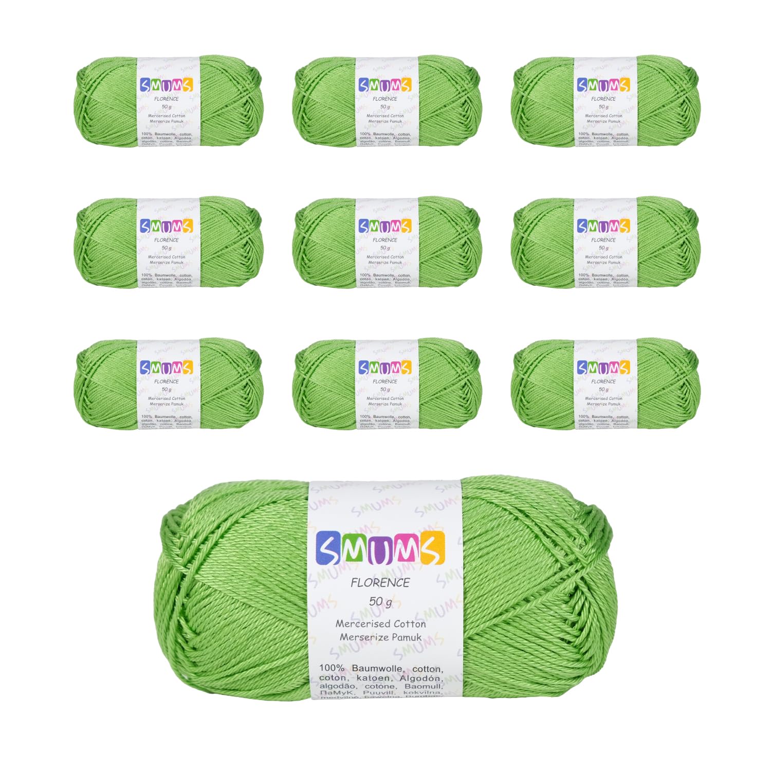 SMUMS 100% Mercerized Cotton Crochet Wool | 50gr x 10 Balls for Knitting Yarn | Soft Amigurumi Yarn (1010 LAVN Green)