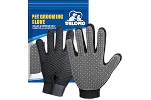 DELOMO Upgrade Version Pet Grooming Glove - Gentle Deshedding Brush Glove - Efficient Pet Hair Remover Mitt - Enhanced Five Finger Design - Perfect for Dog & Cat with Long & Short Fur - 1 Pair (Gray)