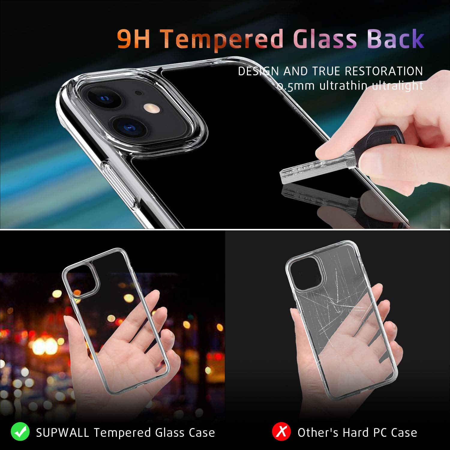 iPhone 11 Case, Supwall 9H Tempered Glass Shock Absorption Anti-Scratch Mimics The Glass Back of iPhone Support Wireless Charging Cover for iPhone 11 Crystal Clear 6.1 inch (Clear)