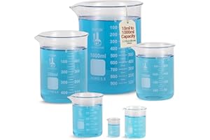 Karter Scientific, 3.3 Boro, Griffin Low Form, Glass Beaker Set - 6 Sizes - 10ml, 50ml, 100ml, 250ml, 500ml, 1000ml