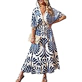 CUPSHE Women Summer Dresses Tassel Tie Front V Neck Batwing Sleeve Smocked Flowy Hawaiian Casual Maxi Dress