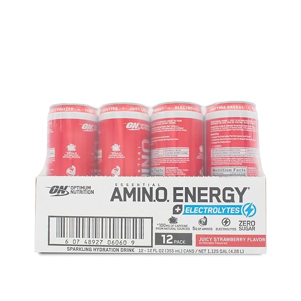 OPTIMUM NUTRITION AMINO ENERGY SPARKLING HYDRATION DRINK, ELECTROLYTES, CAFFEINE, AMINO ACIDS, BCAAS, SUGAR FREE, JUICY STRAWBERRY, 12 FL OZ, 12 PACK (PACKAGING MAY VARY)