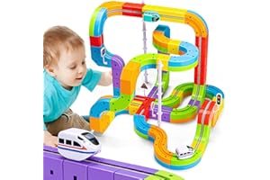 CALFQUEEN KlickRail Electric Train Set Flexible Race Track for Kids 4 6 7 8, 88 Pcs Car Track for Toddlers 3-5, Building Toy Train Track Gravity-Defying 3D Embedded Layouts & Motorized Car, STEM Learning Gift