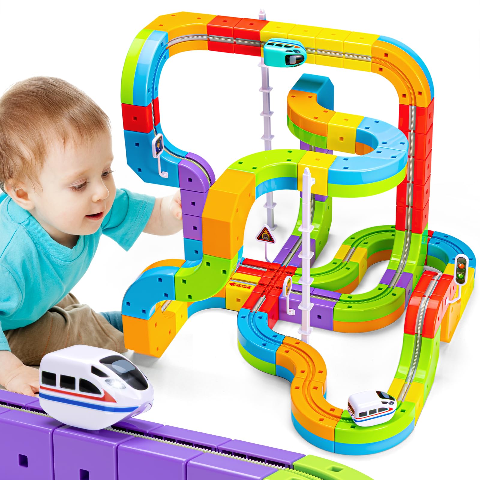 Photo 1 of KlickRail Electric Train Set Flexible Race Track for Kids 4 6 7 8, 88 Pcs Car Track for Toddlers 3-5, Building Toy Train Track Gravity-Defying 3D Embedded Layouts & Motorized Car, STEM Learning Gift