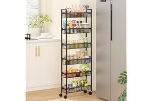 ThreeHio 6 Tier Slim Storage Cart, Narrow Cart with Wheels, Metal Mobile Shelving Unit Organizer for Kitchen, Bathroom, Laundry Room, Living Room & Narrow Spaces, Black, 6in(W)