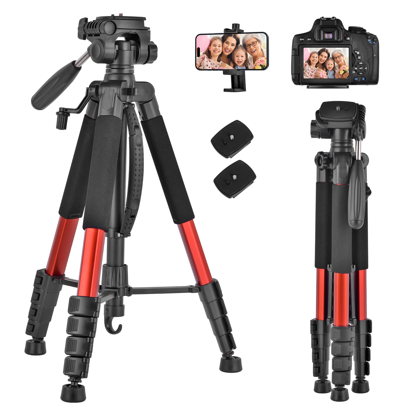 LINKCOOL 74-Inch Tall Camera Tripod Stand for Canon Nikon Sony - Lightweight Aluminum With Detachable Head, Phone Mount (Orange)
