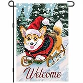 Welcome Winter Garden Flag 12x18 Inch Double Sided Cute Corgi Sledding Christmas Garden Flag Winter Outdoor Welcome Yard Banner for Porch Lawn Patio Seasonal Decoration
