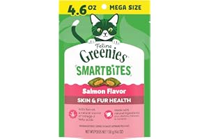 Greenies Feline Smartbites Skin & Fur Health Cat Treats, Salmon, 4.6 oz | Fish oil & flaxseed, omega-3s, no artificial flavors or preservatives, under 2 calories per treat, crunchy & soft