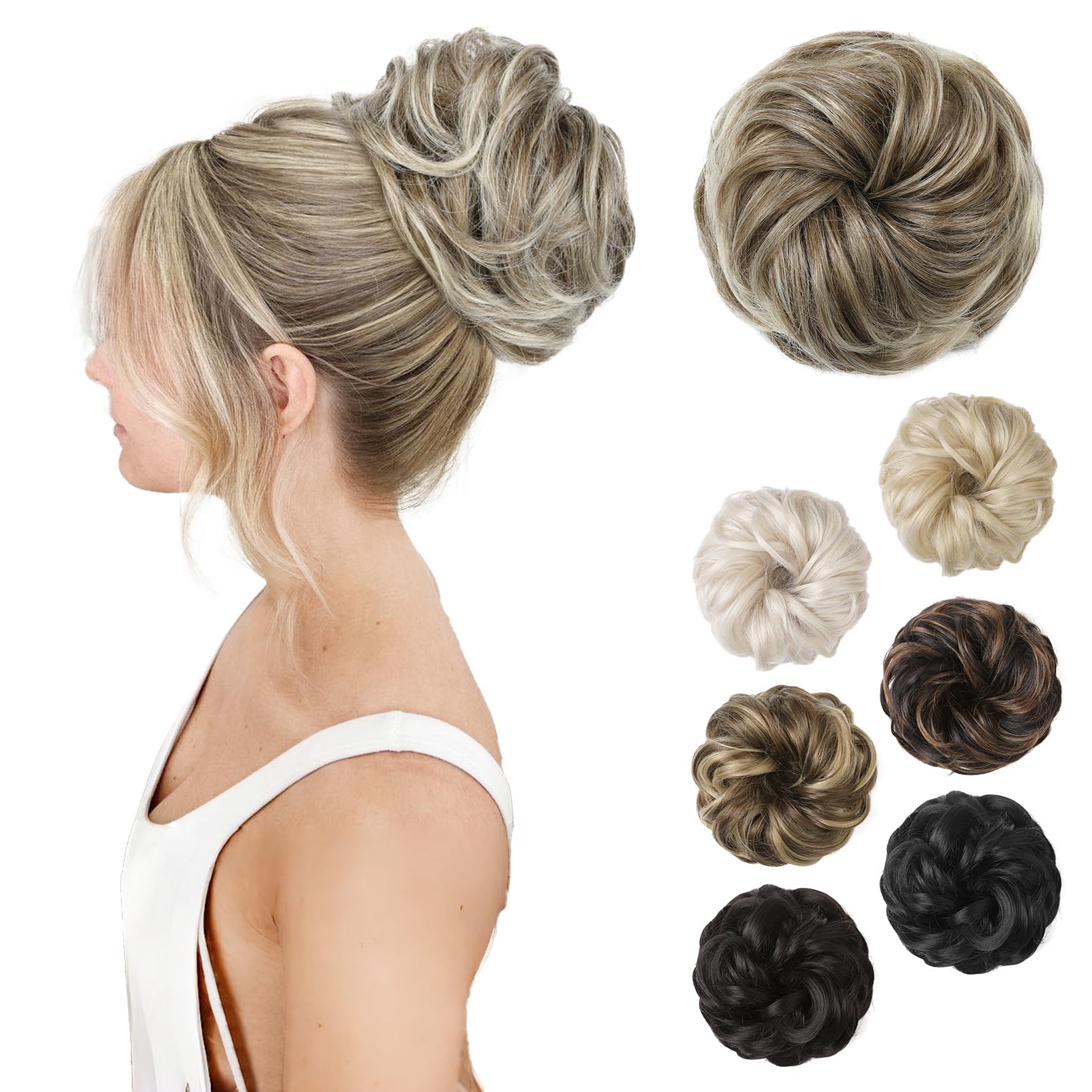 REECHO Messy Bun Hair Piece - Thick Tousled Updo Elastic Synthetic Ponytail Extensions for Women - Ash Brown With Blonde Tips — image 1