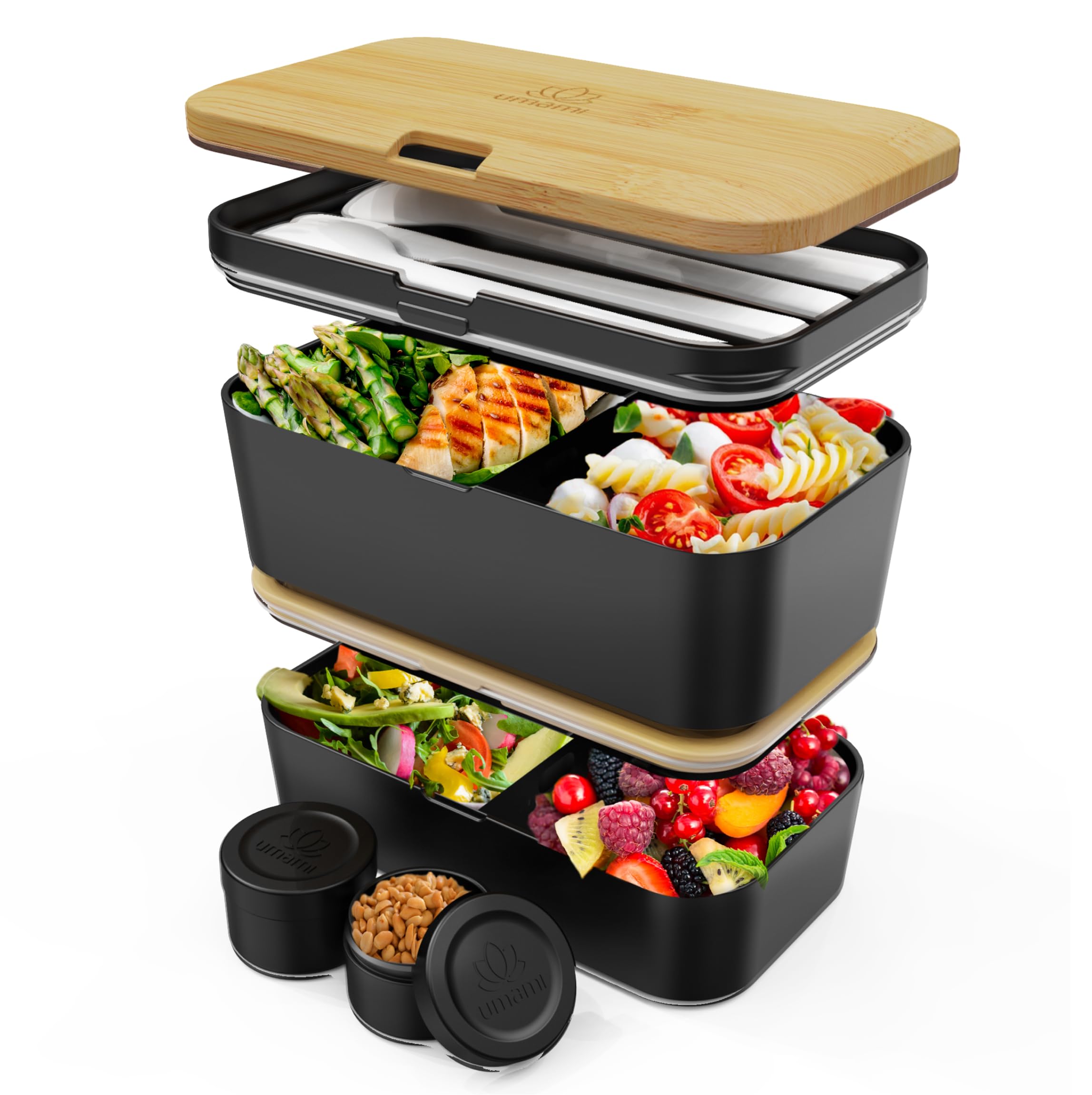 Umami Bento Box Adult All-in-1 w/ 4 Utensils, 100% Leakproof, Dishwasher & Microwave Safe Lunch Containers for Adults w/ 4 Compartments, Black & Tan, 1500 ml