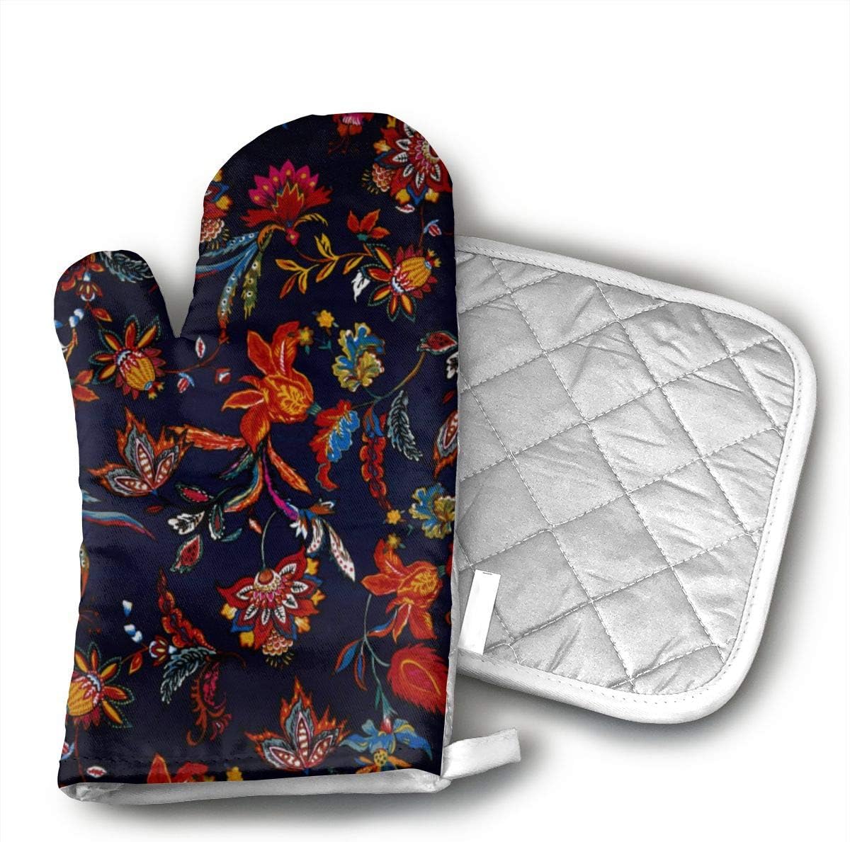 JFNNRUOP Vintage Floral Print Oven Mitts,with Potholders Oven Gloves,Insulated Quilted Cotton Potholders