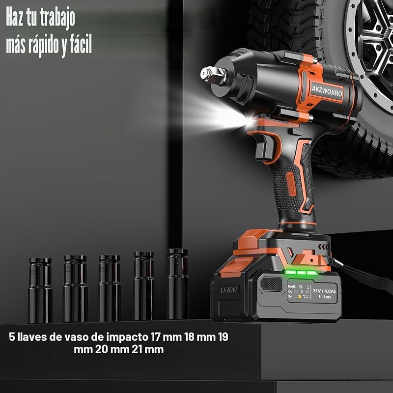 Chave de impacto a bateria de 1000N.m, chave elétrica de impacto sem escovas de 1/2" com bateria de 4,0Ah, buchas Impact 5, chave de impacto sem fios elétrica para casa/carro
