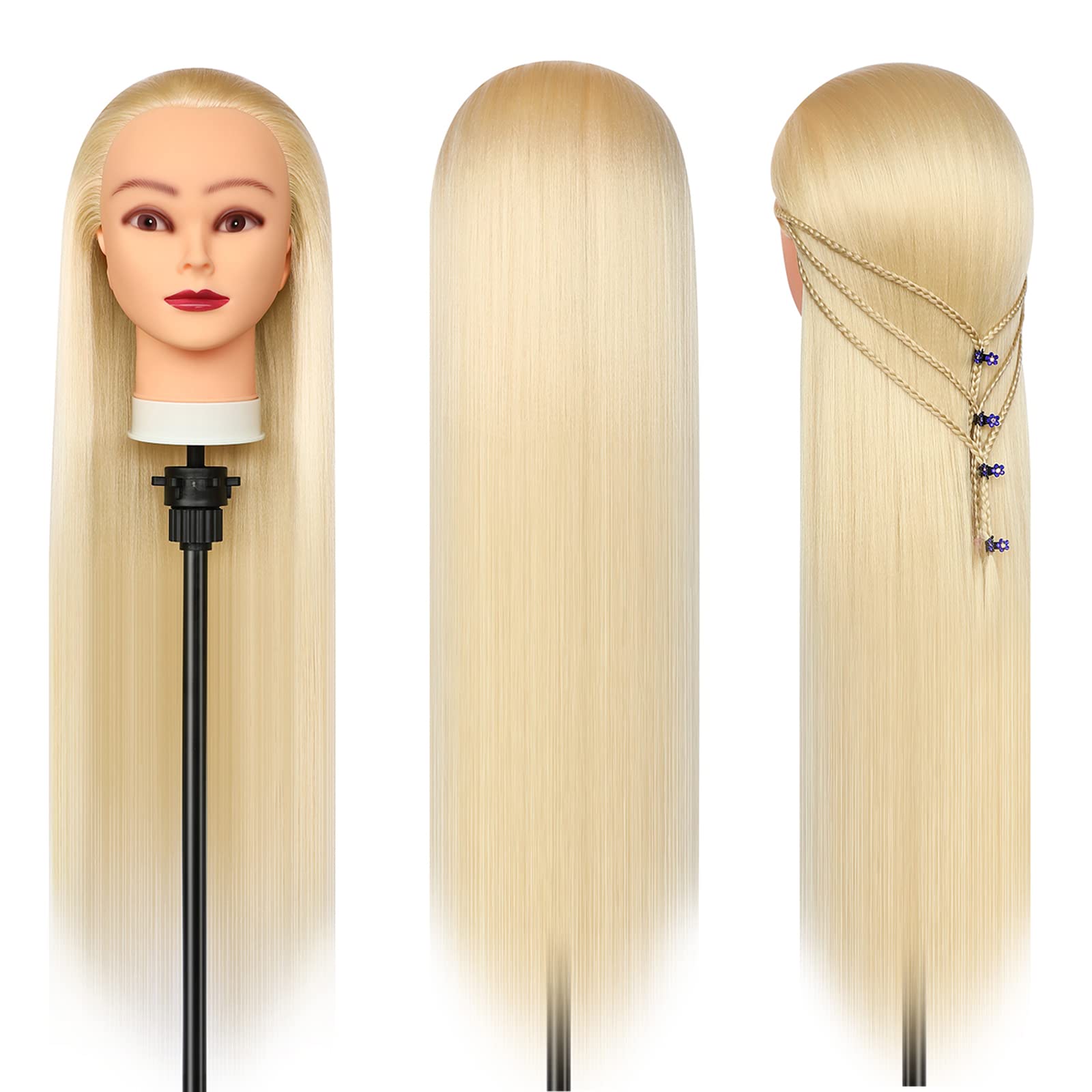 Training Head, 28 inch Mannequin Head,100% Synthetic Fibres Hairdressing Head Hairdresser Training Heads with Free Clamp and DIY Braiding Set (Blonde)
