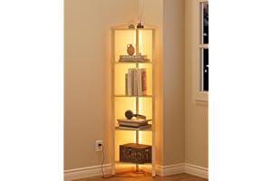 Apetaccat 5-Tier Corner Shelf with LED Light, Modern Wood Corner Bookshelf for Living Room Bedroom, Small Triangle Bookcase D