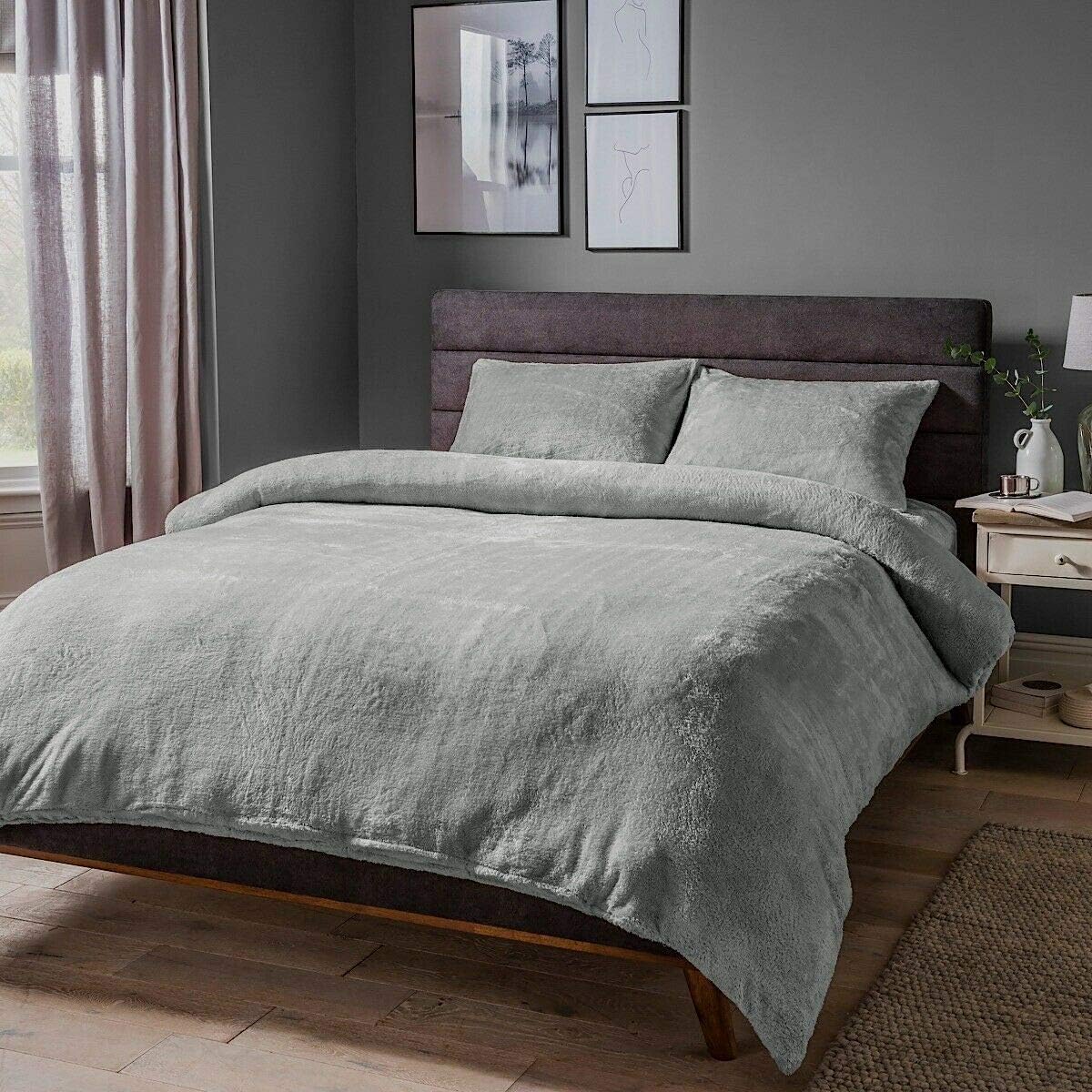 Slumber Nights Teddy Duvet Cover and Pillowcases Set Soft warm Fleece Bedding (Silver, King Duvet Cover Set)