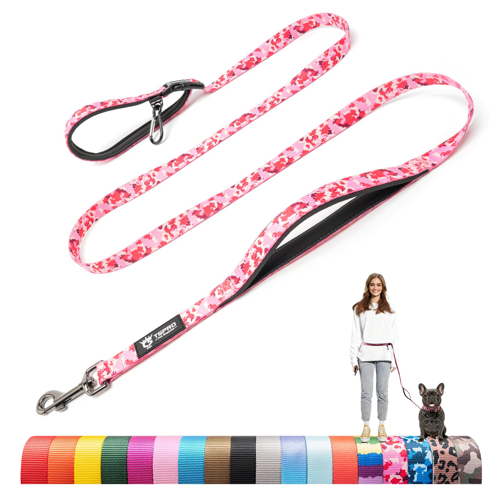TSPRO Hands Free Dog Lead with Padded Handle & Safety Metal Buckle, Adjustable Durable Lead for Walking & Running, Small Dogs (Camo Pink, S)