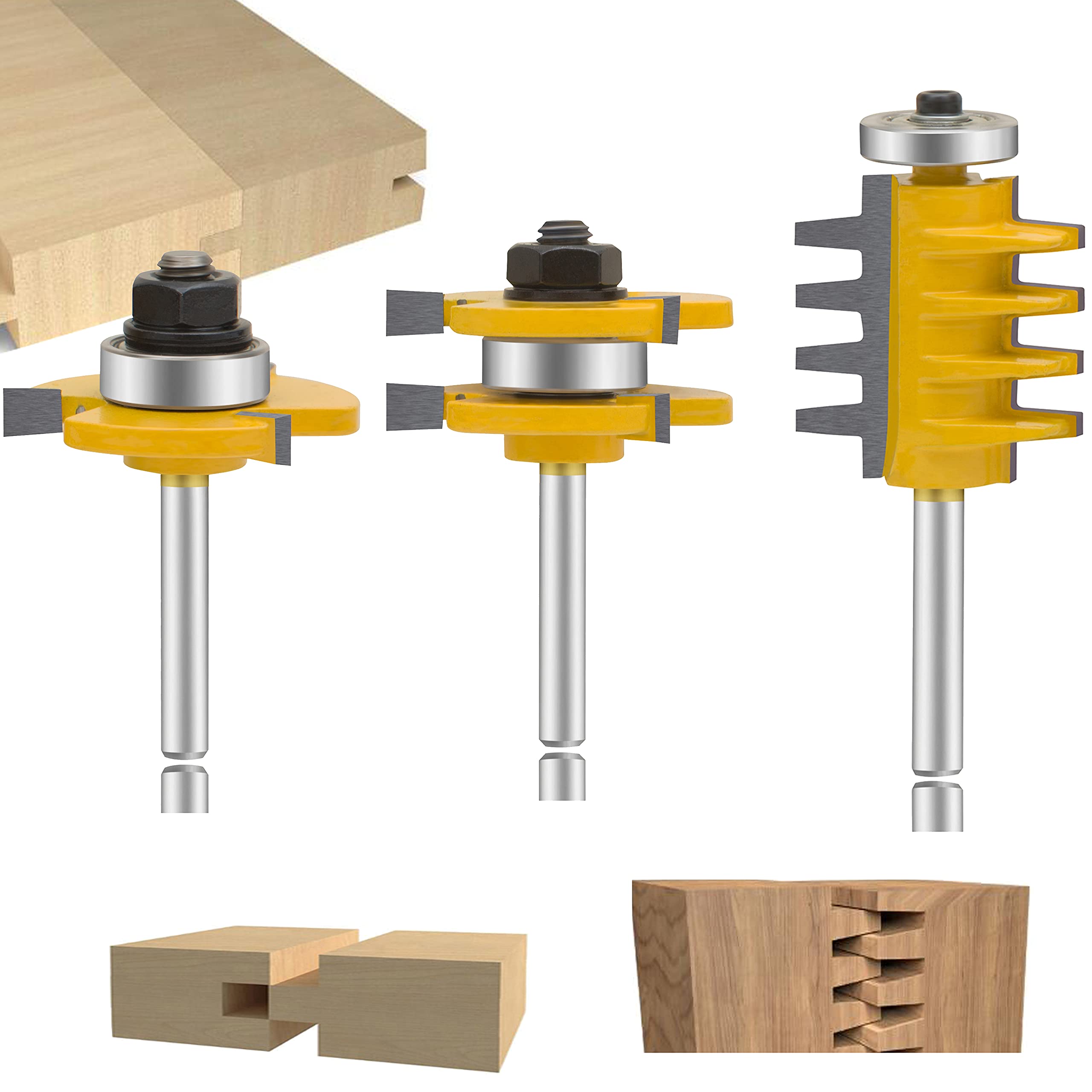 LEATBUY-TECH 1/4 Inch Shank Router Bit Set & 4 Finger Joint 3Pcs Tongue and Groove Wood Milling Cutter Drilling Carbide Tool For Door Table Cabinet Shelve(1/4-4 Finger)