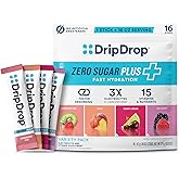 DripDrop Zero Sugar Plus Electrolyte Powder Packets, Variety Pack, 16 Count | Single serve hydration drink mix with magnesium, B-vitamins, vitamin C, and zinc, Sugar free with no artificial sweeteners