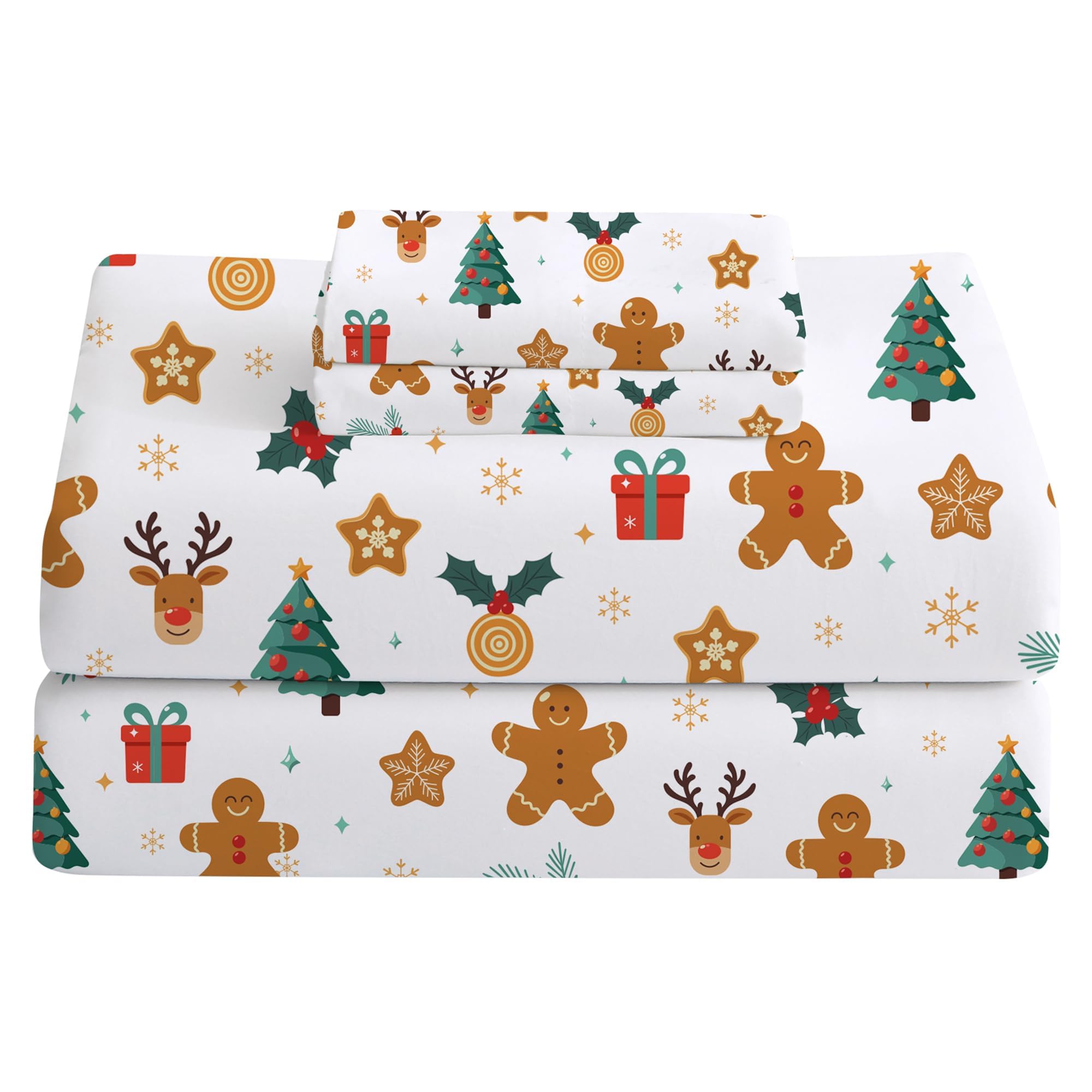 Softan Christmas Holiday Queen Size Sheet Set, Printed Microfiber Fitted Bed Sheet with 15" Deep Pocket & Non-Slip Straps, Snowflake Reindeer Patterned Sheets & Pillowcase Set Image