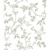Orainege Peel and Stick Wallpaper Vintage Floral Birds Wallpaper Removable | 16.9in&times;118.1in Green and White Floral Contact Paper Flower Self Adhesive Decorative Wallpapers for Bathroom Bedroom Cabinets