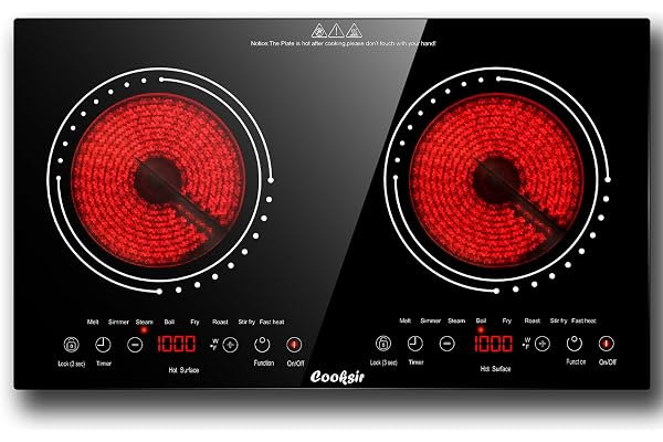 Cooksir 2 Burner Electric Cooktop - 24 Inch(23.6"x 13.8") Built-in & Countertop Electric Stove Top, 120V Double Burner Ceramic Cooktop Portable with Safety Lock, Timer, Touch Control, 110V Plug in