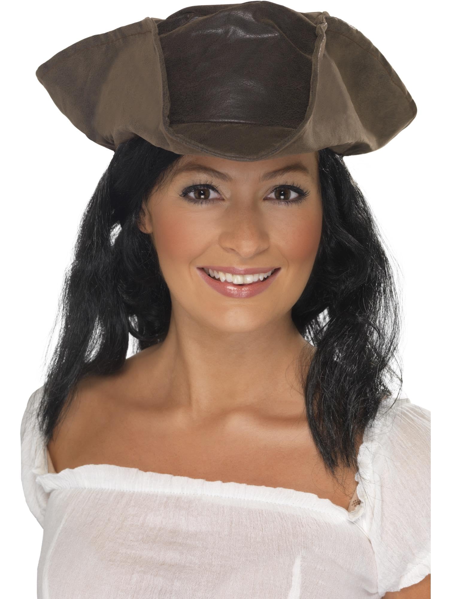Smiffys Leather Look Pirate Hat for Adults, Brown Tricorn Hat Attached Black Hair, Pirate Costume Accessory for Men Women, Pirate Fancy Dress, Festivals, Halloween Parties