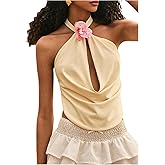 Milumia Women's Cowl Neck Halter Tops 3D Floral Draped Front Backless Crop Tank Tops