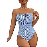 Milumia Women's Striped Strapless One Piece Swimsuit Ruched Bandeau Bathing Suits Swimwear