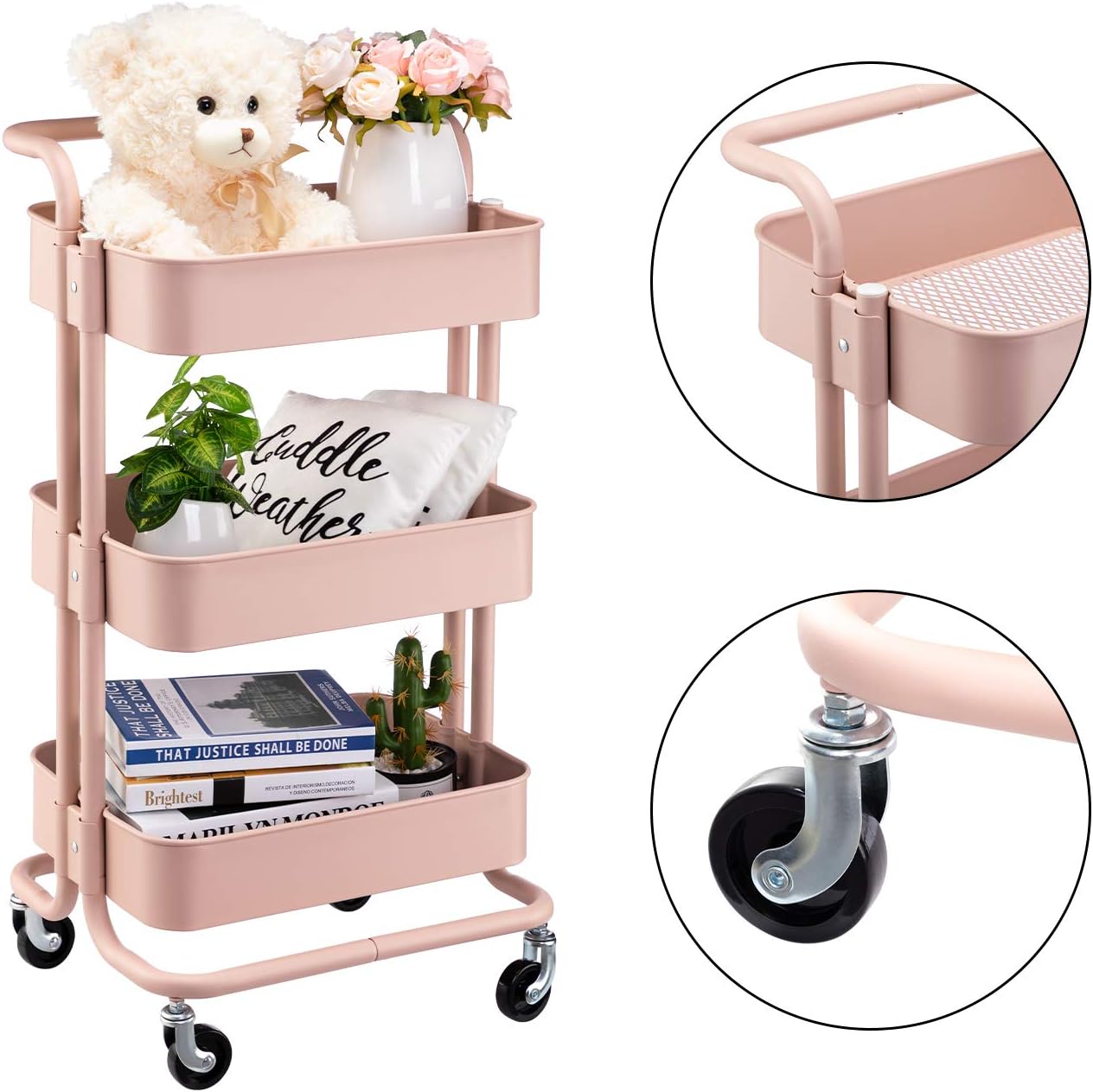 MATICO 3-Tier Metal Utility Service Cart Rolling Storage Shelves with Handles, Storage Utility Cart, Pink-White Makeup Cart : Office Products