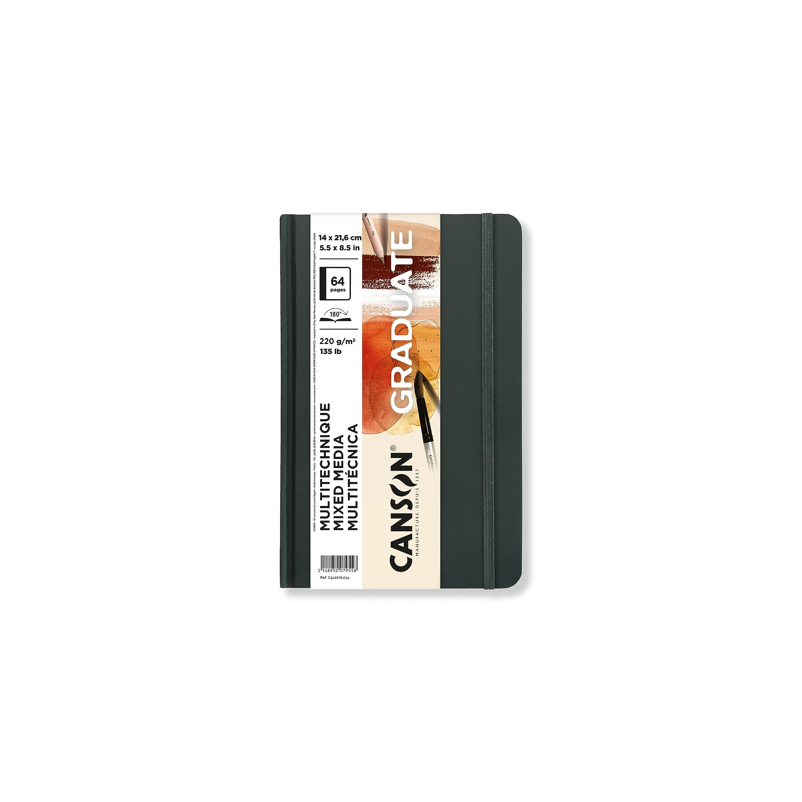 CANSON Graduate Hardbound Natural Mixed Media Book, 220gsm 14 x 21.6cm, Double Sided: Light Grain & Smooth Paper, 32 Natural Sheets, for Artist Students