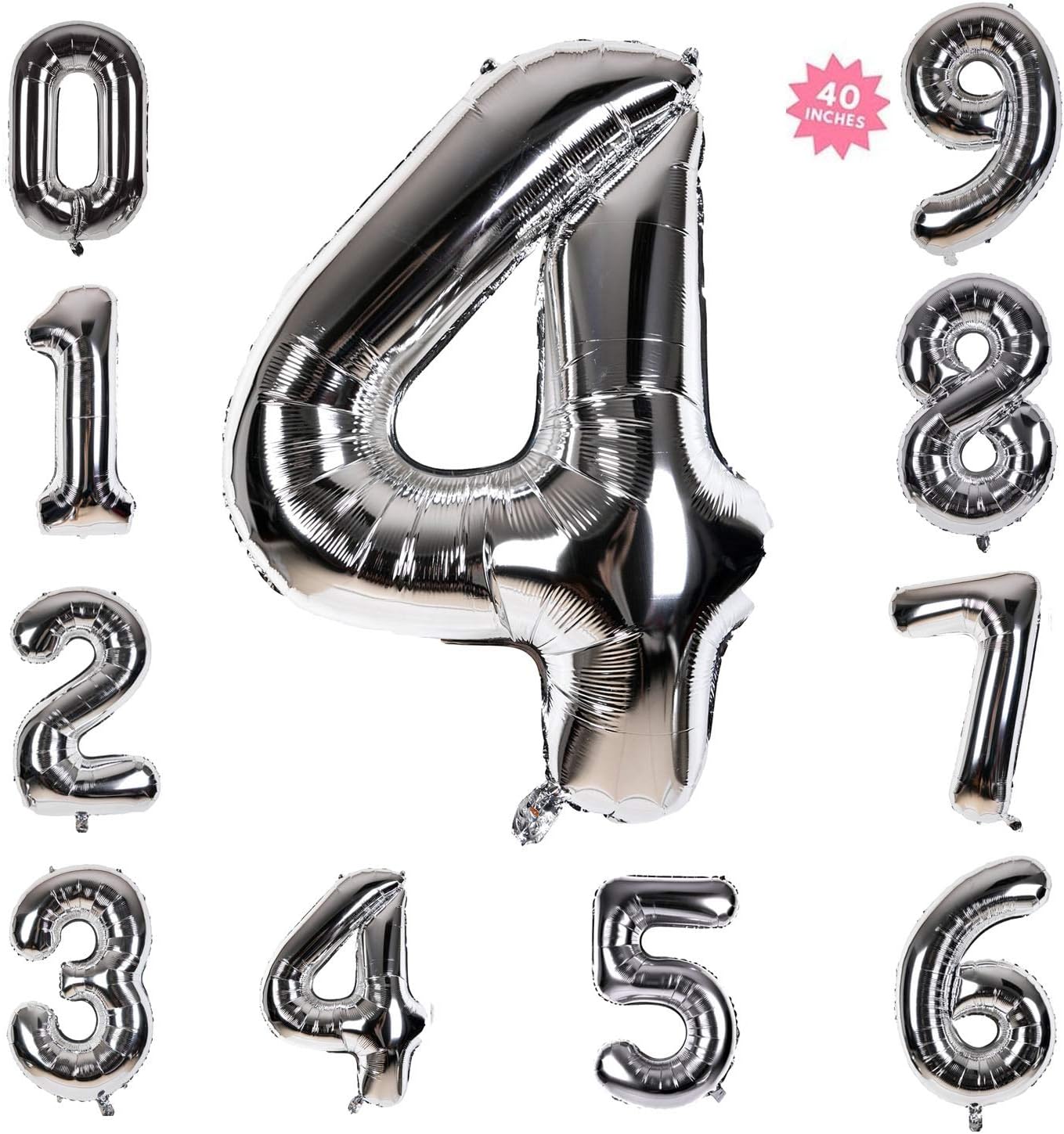 40 Inch Giant Helium Foil Number 0-9 Silver Balloon Birthday Wedding Party Decorations (Silver Number Balloon 4)