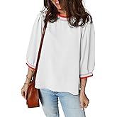 SHEWIN Women's Casual Crewneck Color Block Chiffon Blouses 3/4 Sleeve Length Womens Tops Shirts