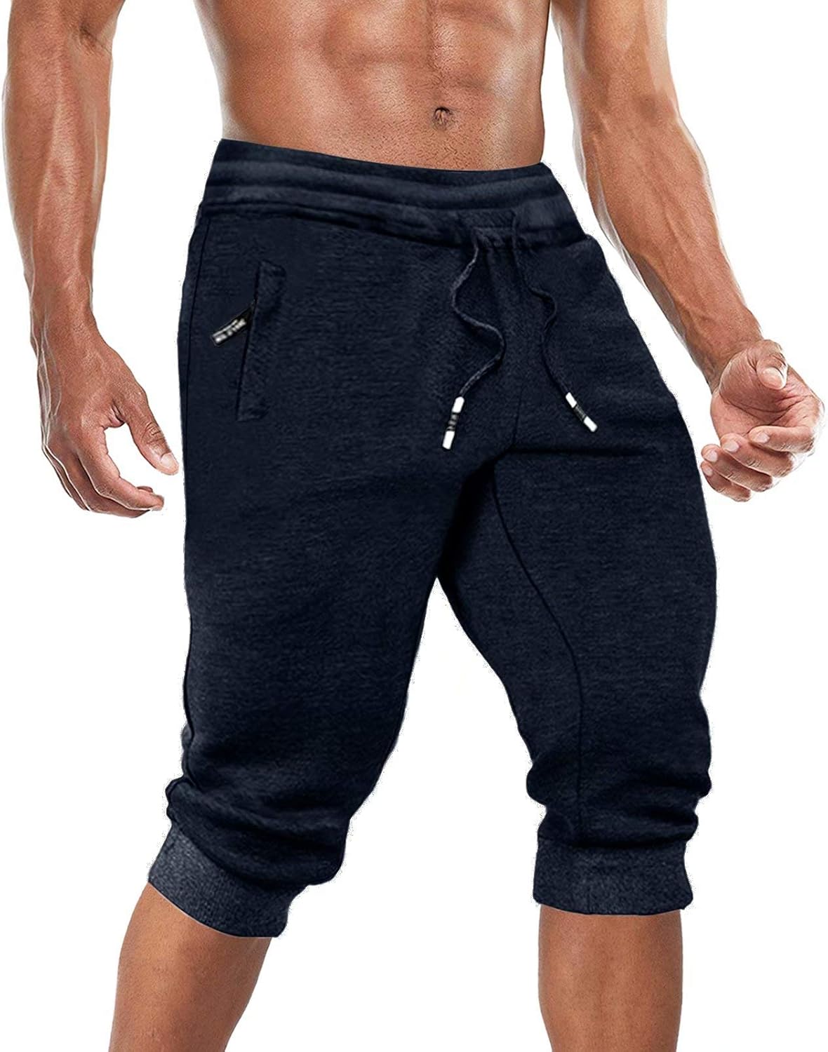 BIYLACLESEN Men's 3/4 Joggers Shorts Below Knee Running Gym Capri Pants Zipper Pockets: Clothing