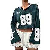 GORGLITTER Women's Number Graphic Jersey Crop Top Shirts Y2K 90s Bell Long Sleeve V Neck Graphic Tee
