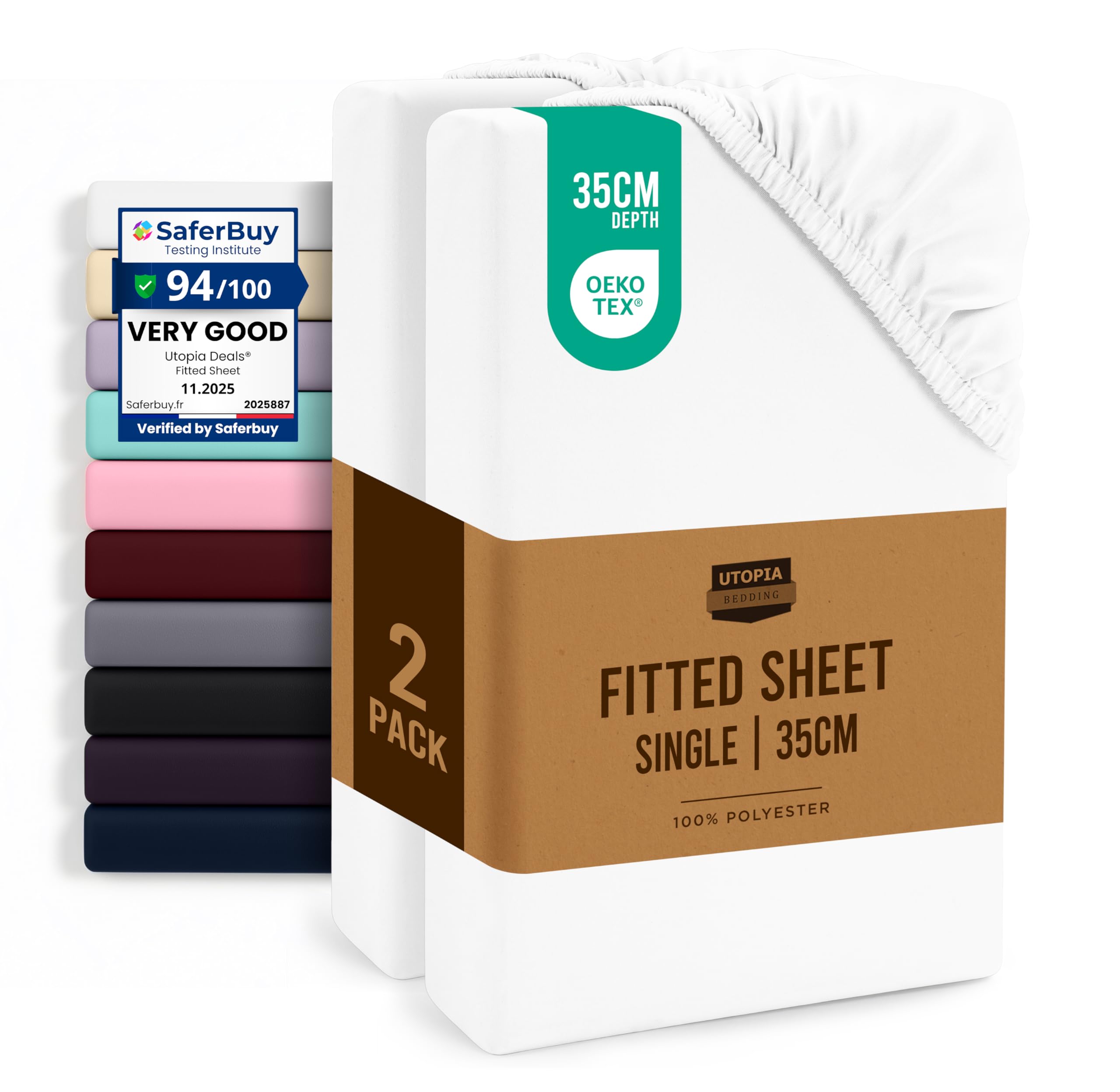 Utopia Bedding Fitted Sheet Single (2 Pack), White - Deep Pocket 14 inch (35 cm) - Oeko Tex Certified - Easy Care - Soft Brushed Microfibre Fabric - Shrinkage and Fade Resistant - Bottom Sheet