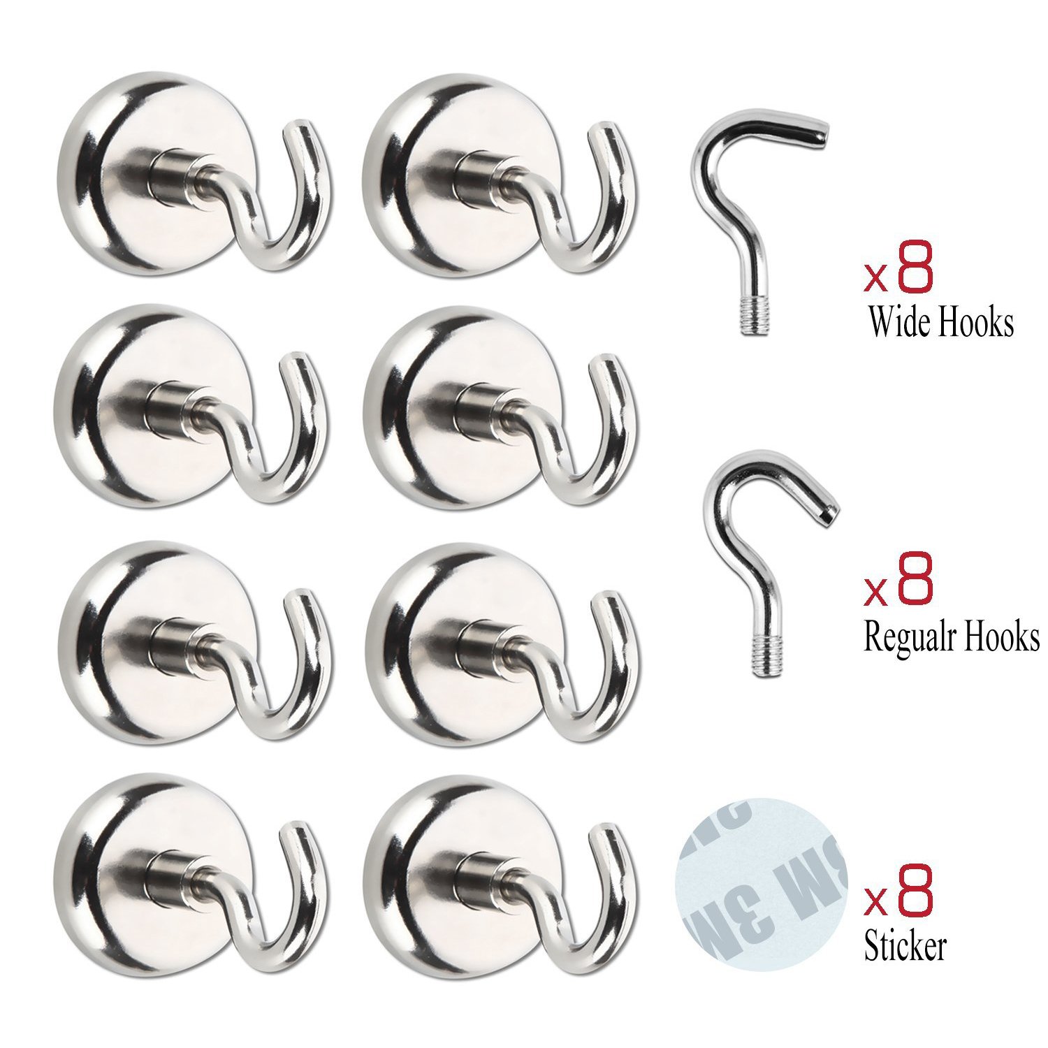 Magnetic Hooks for Cruise Cabins, Home, Office, Classroom, Locker, 40 LB Heavy Duty Neodymium Indoor/Outdoor Magnet Hooks - 8 Pack & 16 Hooks