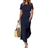 Prinbara Womens Summer Maxi Dress Casual Short Sleeve Tie Waist Split Long Tshirt Dresses 2026 Spring Vacation Cruise Clothes