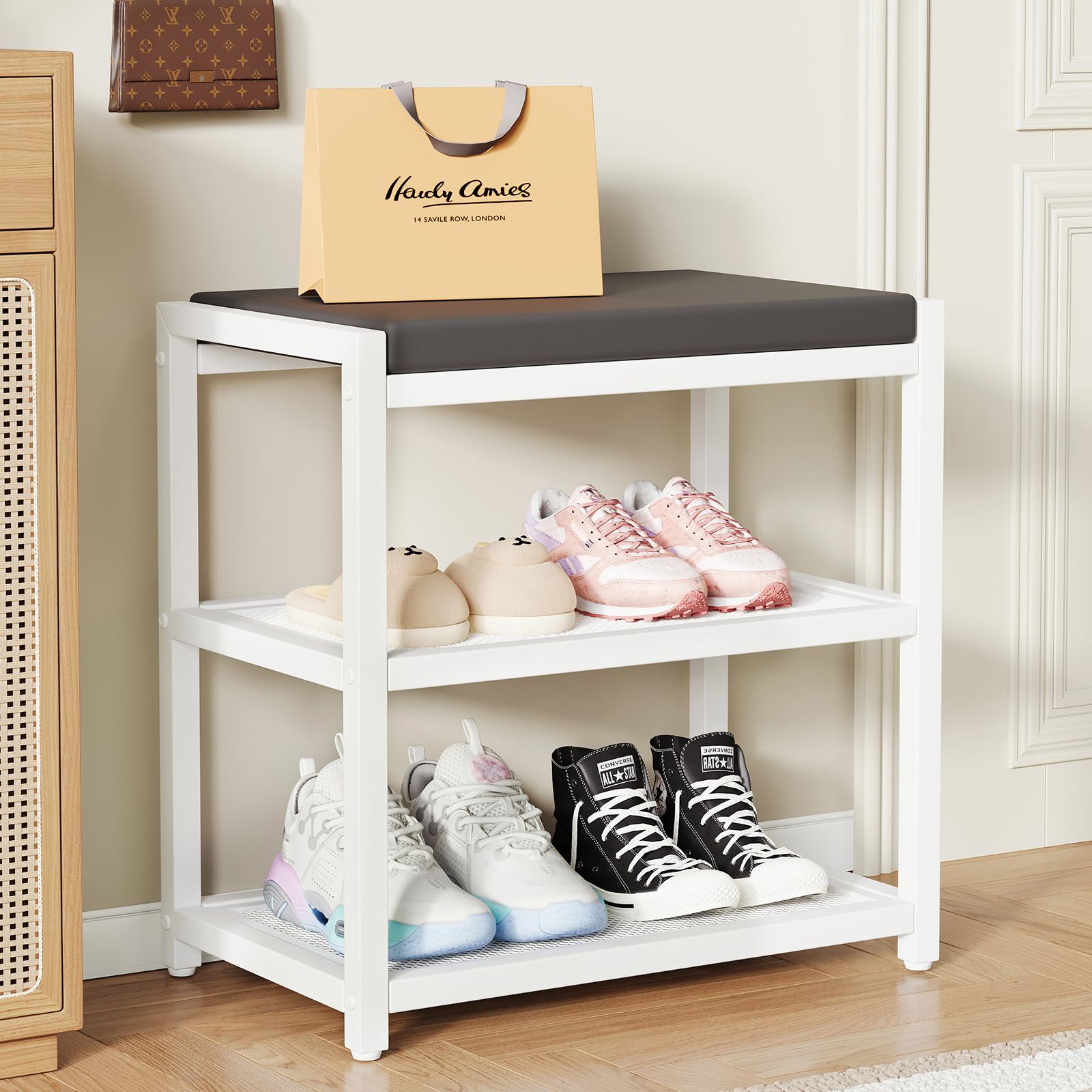 Photo 1 of Small Shoe Bench Shoe Rack Storage Bench Entryway Bench Shoe Shelf with Seat Cushion, Stable Shoe Organizer for Entryway, Living Room, Bench Seat Holds Up to 300 lb, (18"L x 12"W x 17"H, White)