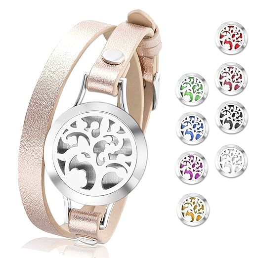 SHOPPING STORY - Essential Oil Diffuser Bracelet,Stainless Steel Aromatherapy Locket Bracelets Leather Band with 8 Color Pads,Girls Women Jewelry Gift Set (Lovely Tree - Rose Gold)