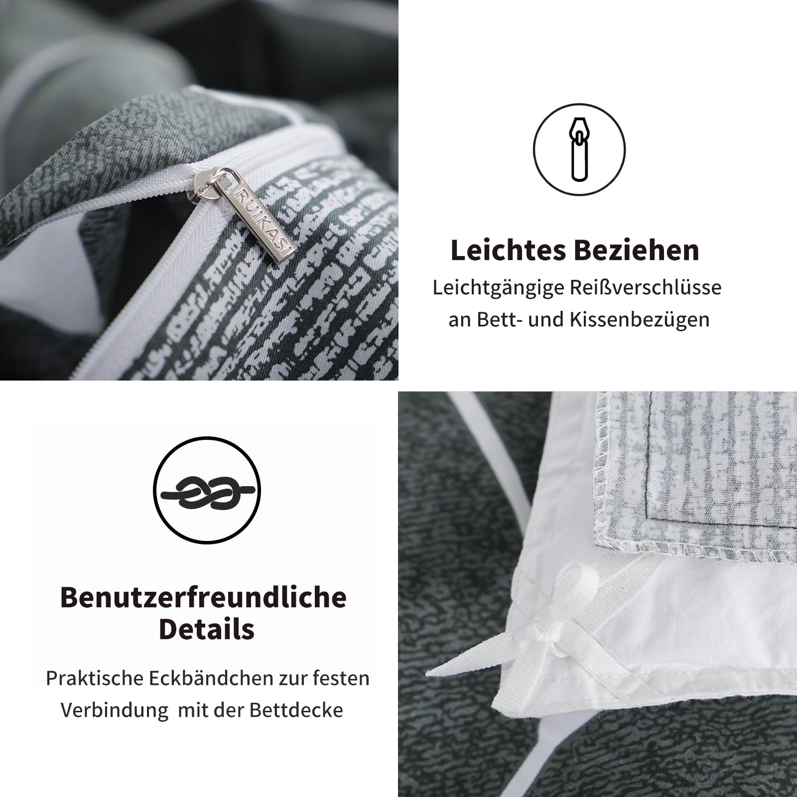 RUIKASI Bettwäsche 135x200 Baumwolle 4teilig Anthrazit - Baumwollbettwäsche 135 x 200 4tlg mit Geometrie Muster, Bettbezug Set 4 teilig Cotton mit Reißverschluss 7
