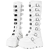 CELNEPHO Womens Wedge Platform Knee High Boots High Heel Round-Toe Zip Punk Goth Mid Calf Combat Boots For Women
