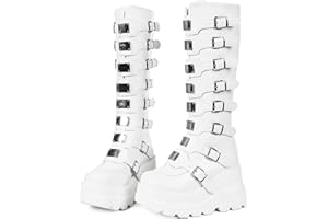 CELNEPHO Womens Wedge Platform Knee High Boots High Heel Round-Toe Zip Punk Goth Mid Calf Combat Boots For Women