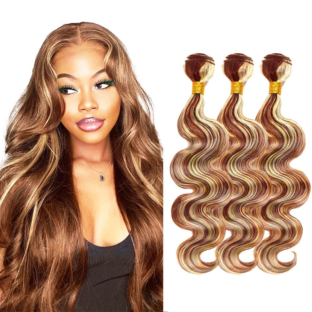 Photo 1 of 18 18 18 Inch Brown Bundles Human Hair Body Wave Bundle P30/613 Highlight Blonde 3 Bundles 300g/Pack Unprocessed Brazilian Virgin Hairs Double Weft Weaves Hair Extensions