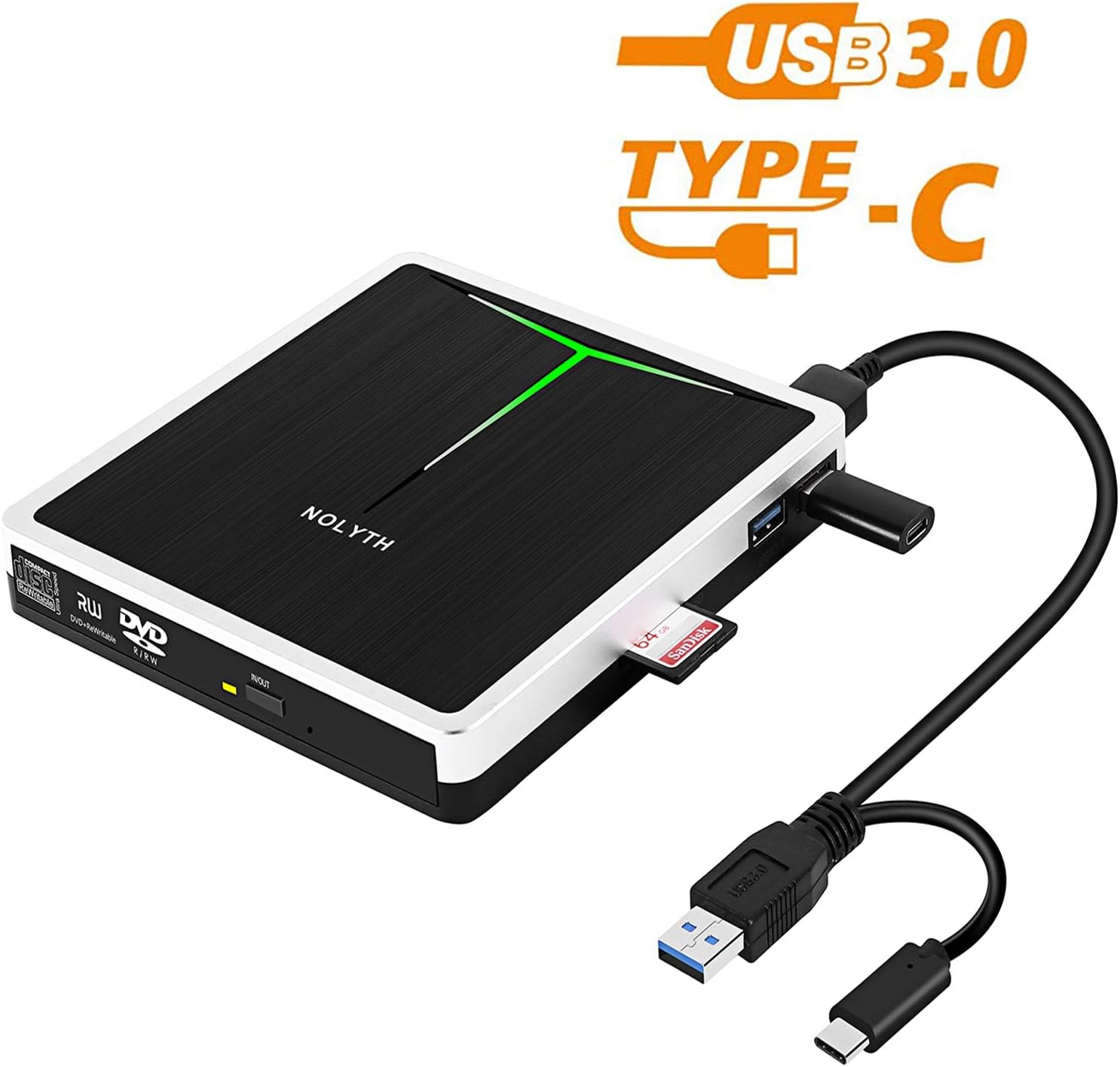 External CD DVD Drive NOLYTH 5in1 USB3.0 USB C CD DVD Drive CD Player Reader
