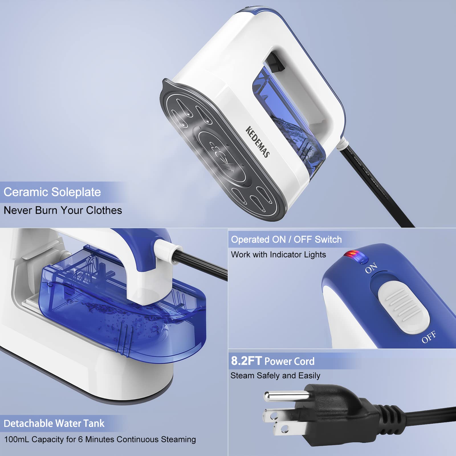 KEDEMAS Portable Steamer iron for Clothes, 1300W Mini Handheld Clothes Steamer, Horizontal, Vertical and Dry Ironing, Travel Garment Steamers for Travelling, Home, Office, ONLY FOR 120V