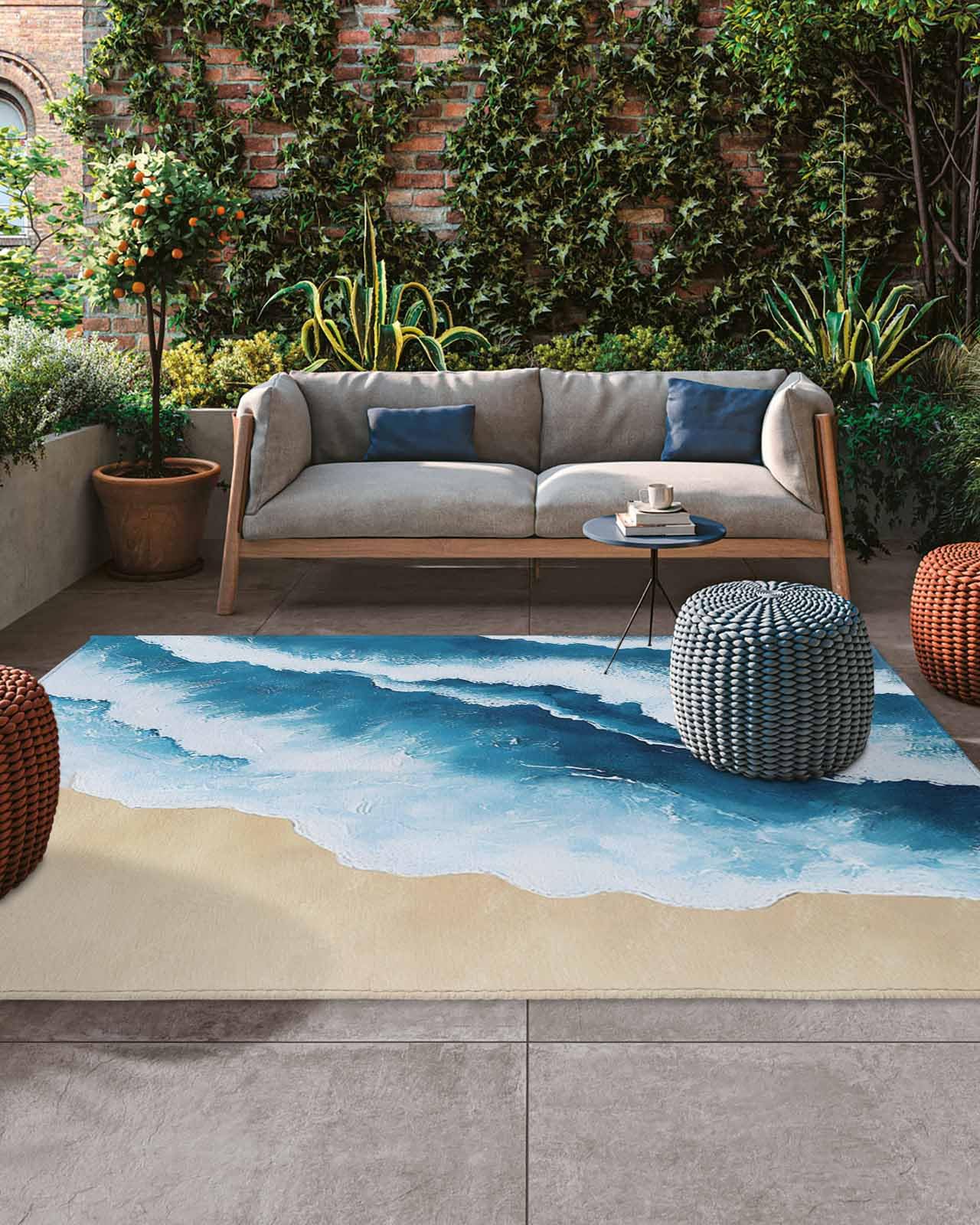 Photo 1 of ***SEE NOTES***DAMAGED****Ocean Wave 4x6 Outdoor Rug Waterproof for Patio Summer Beach Blue Brown Washable Outdoor Carpet Large Area Rug, Patio Rug for Porch RV Picnic Backyard Deck Balcony Beach
