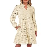 Caracilia Womens Dresses Long Sleeve V Neck Eyelet Hollow Out Fall Casual Flowy Swing Boho Tiered 2025 Mini Short Dress